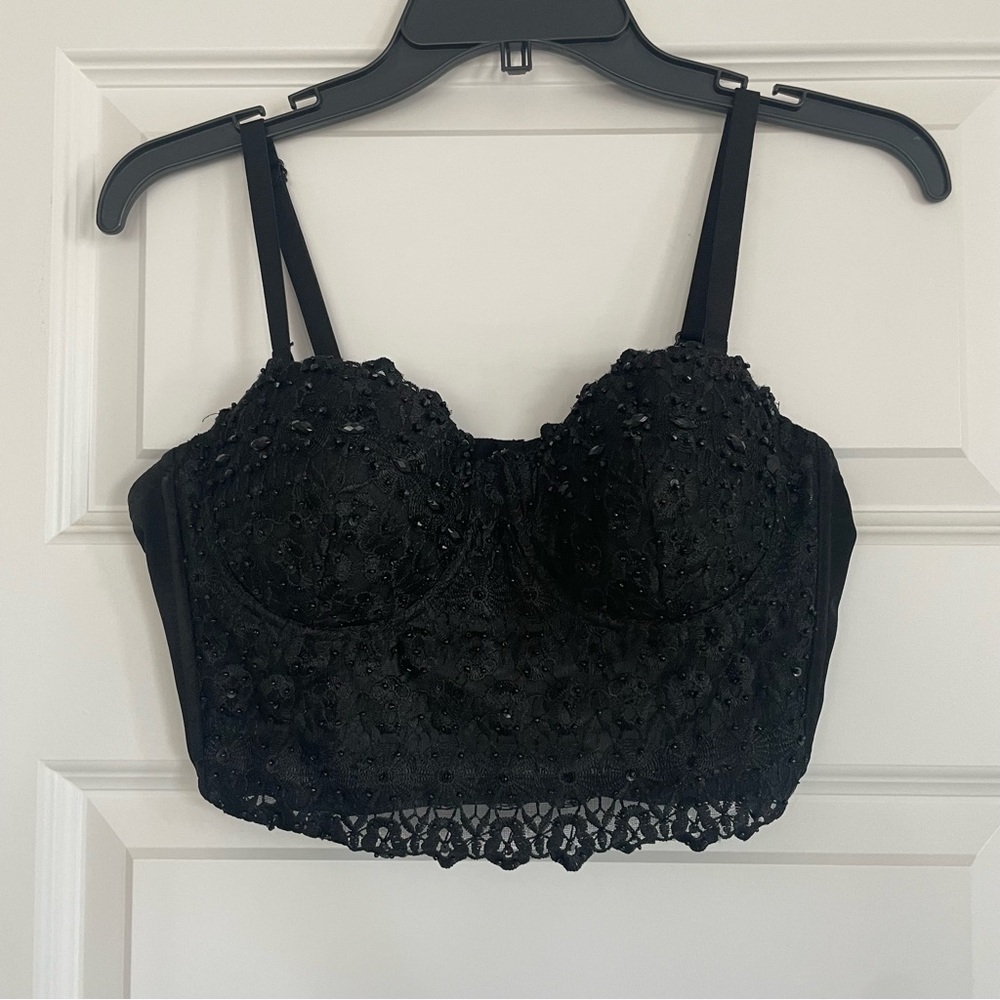 Windsor Cropped Black Beaded Lace Bustier with Convertible Straps
